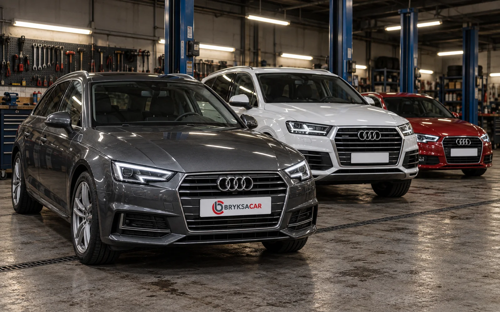 Audi A4, Q7 i A3 w hali warsztatu