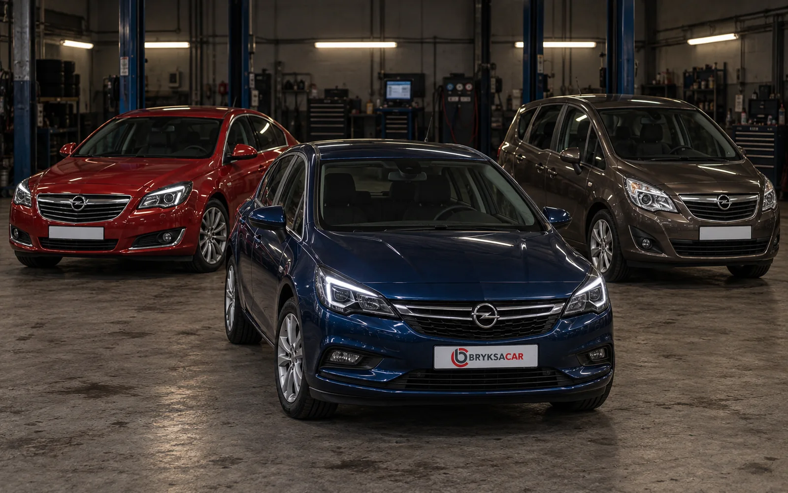 Opel Astra, Insignia i Meriva w hali warsztatu